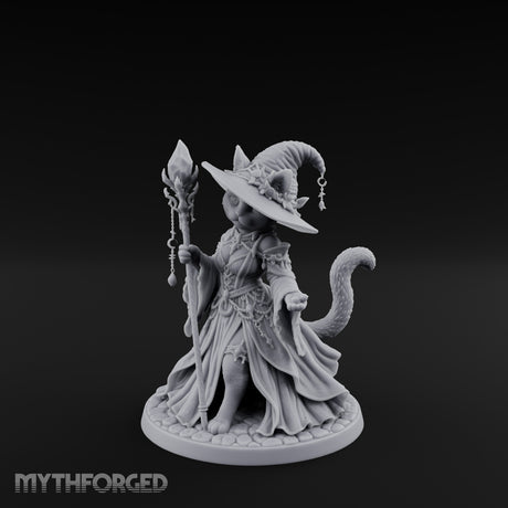Crystal Staff Raising Tabaxi Witch Miniature for Dungeons and Dragons, Pathfinder or other TTRPGs