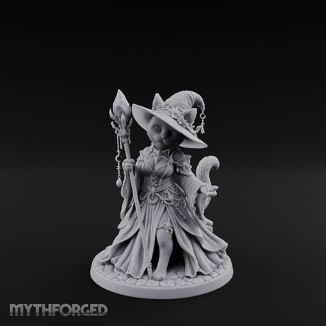 Crystal Staff Raising Tabaxi Witch Miniature for Dungeons and Dragons, Pathfinder or other TTRPGs