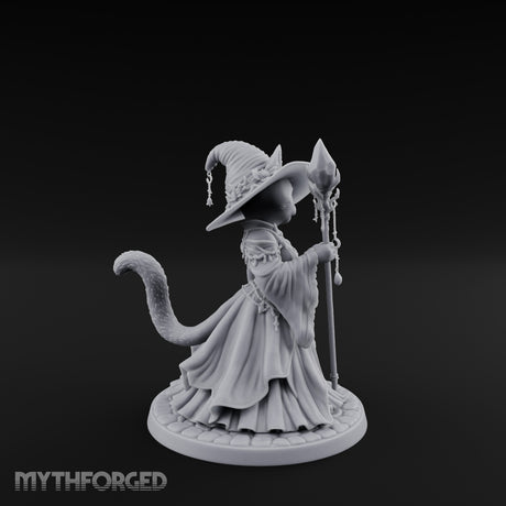 Crystal Staff Raising Tabaxi Witch Miniature for Dungeons and Dragons, Pathfinder or other TTRPGs