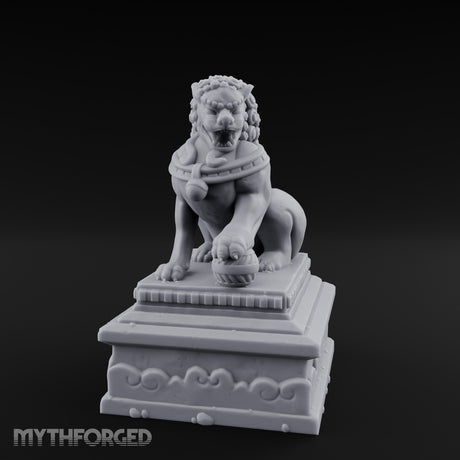 Curl-Maned Orb-Pinned Guardian Foo Lion Statue Miniature for Dungeons and Dragons, Pathfinder or other TTRPGs