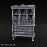 Curtain-Draped Figure-Posted Noble Library Bookcase Cabinet