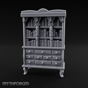 Curtain-Draped Figure-Posted Noble Library Bookcase Cabinet