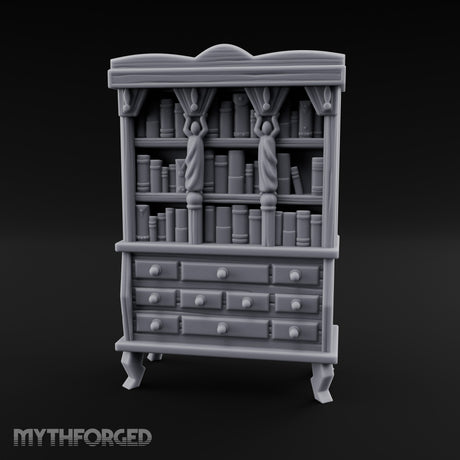 Curtain-Draped Figure-Posted Noble Library Bookcase Cabinet Miniature for Dungeons and Dragons, Pathfinder or other TTRPGs