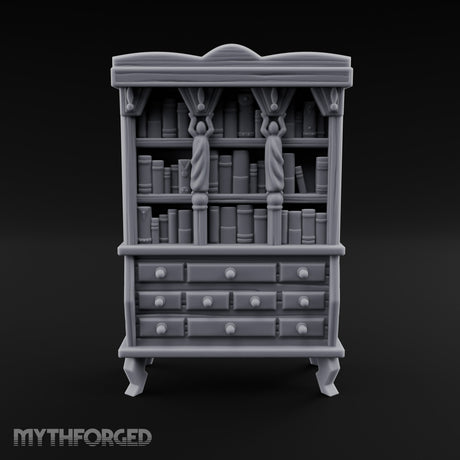 Curtain-Draped Figure-Posted Noble Library Bookcase Cabinet Miniature for Dungeons and Dragons, Pathfinder or other TTRPGs