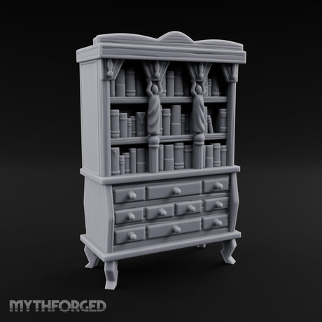 Curtain-Draped Figure-Posted Noble Library Bookcase Cabinet Miniature for Dungeons and Dragons, Pathfinder or other TTRPGs