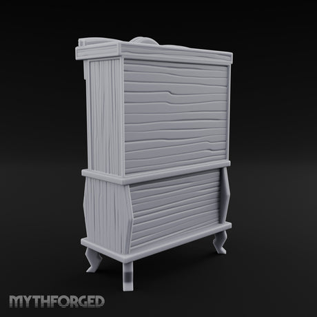 Curtain-Draped Figure-Posted Noble Library Bookcase Cabinet Miniature for Dungeons and Dragons, Pathfinder or other TTRPGs