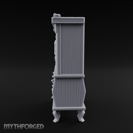 Curtain-Draped Figure-Posted Noble Library Bookcase Cabinet Miniature for Dungeons and Dragons, Pathfinder or other TTRPGs