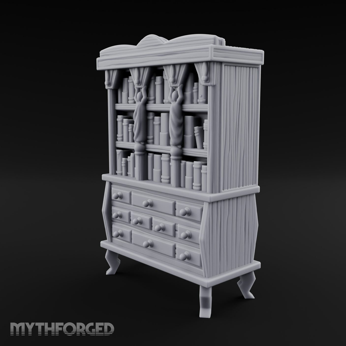 Curtain-Draped Figure-Posted Noble Library Bookcase Cabinet gallery 8