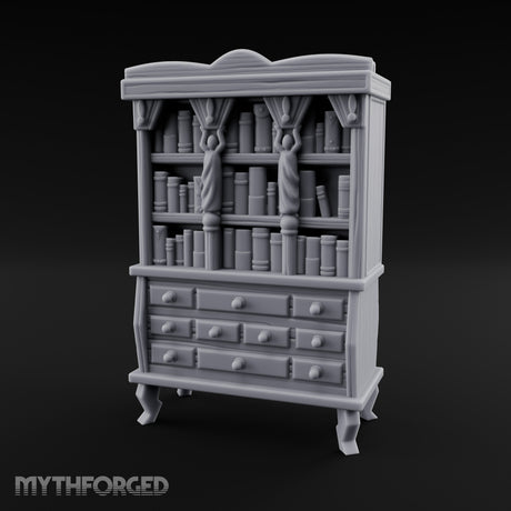 Curtain-Draped Figure-Posted Noble Library Bookcase Cabinet Miniature for Dungeons and Dragons, Pathfinder or other TTRPGs