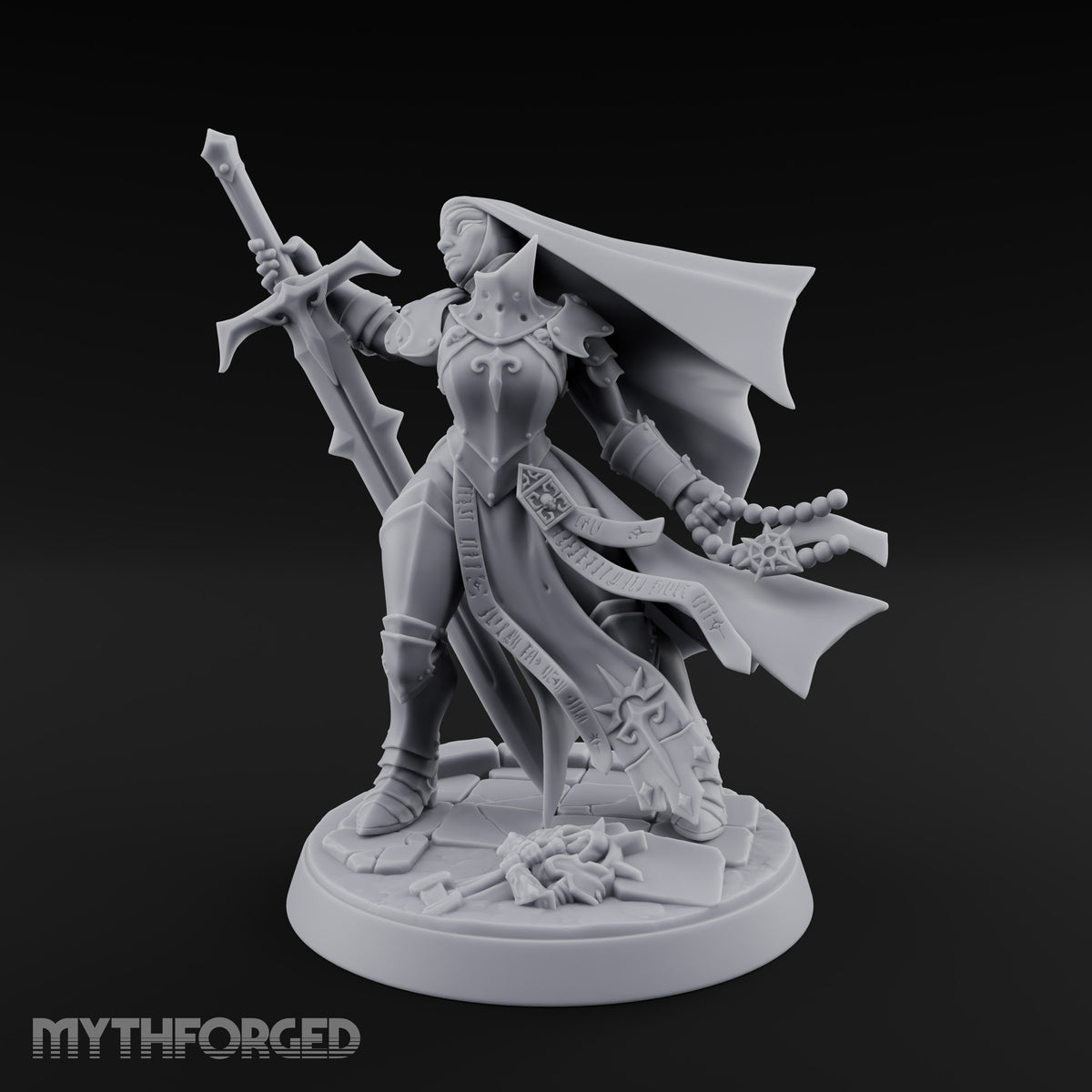 Weary but Unbroken Human Female Armoured Nun with Spiked Greatsword and Rosary