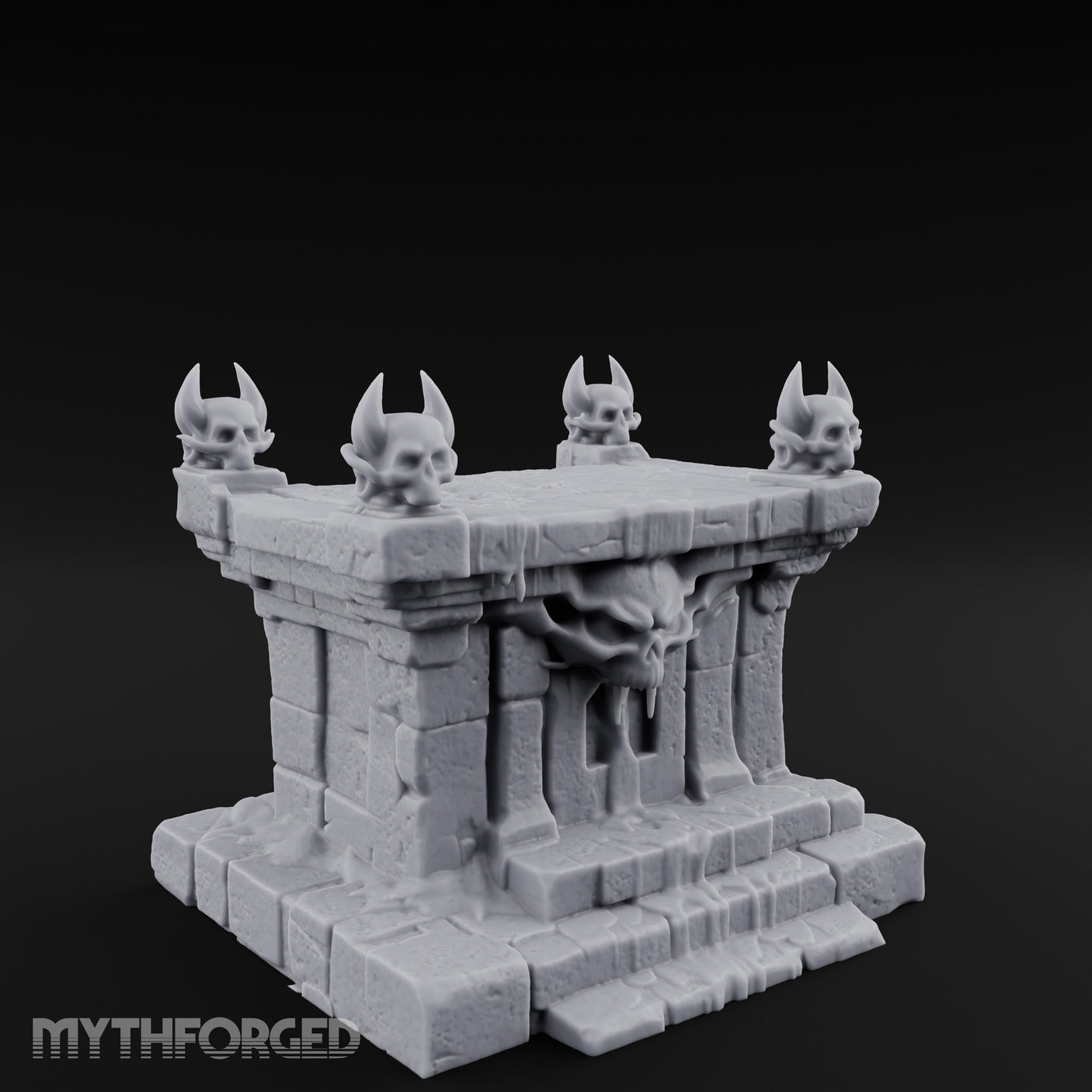 Demon-Faced Horn-Crowned Necromantic Stone Altar Miniature for Dungeons and Dragons, Pathfinder or other TTRPGs