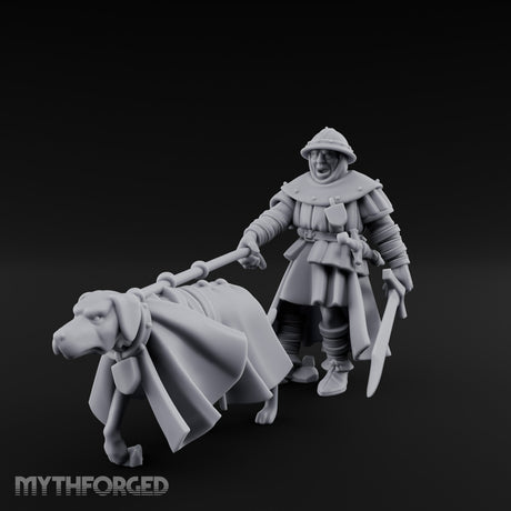 Dog Leash Tugging Human Man-at-Arms Miniature for Dungeons and Dragons, Pathfinder or other TTRPGs