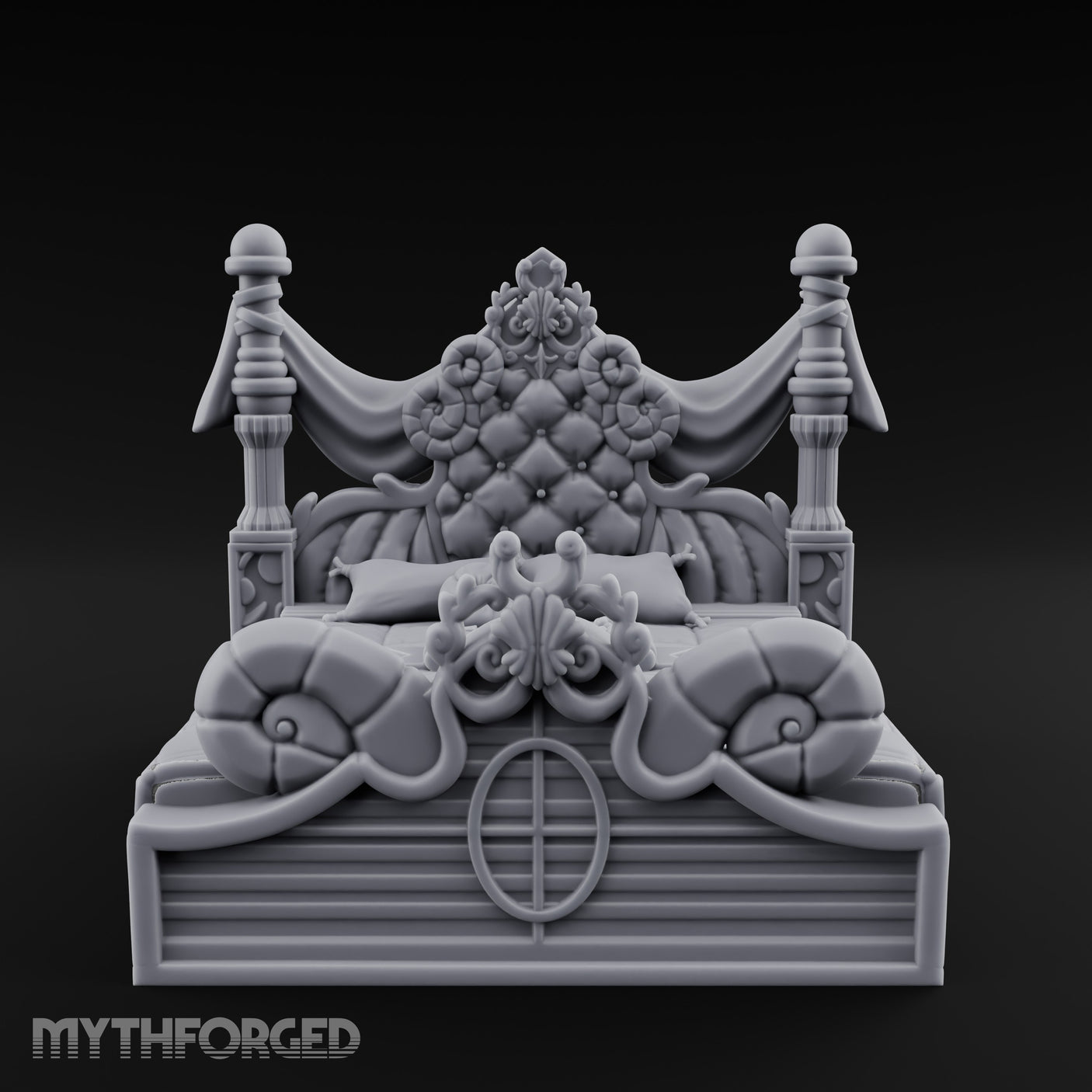 Draped-Canopy Fleur-Carved Noble Grand Bed Miniature for Dungeons and Dragons, Pathfinder or other TTRPGs