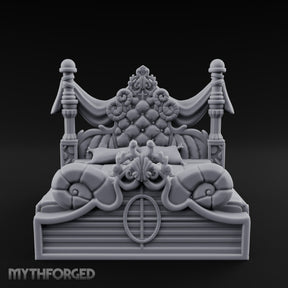 Draped-Canopy Fleur-Carved Noble Grand Bed Miniature for Dungeons and Dragons, Pathfinder or other TTRPGs