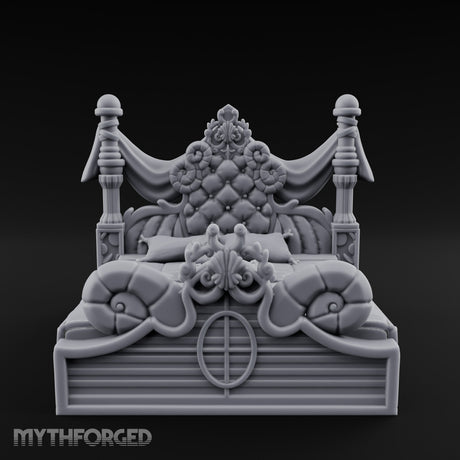 Draped-Canopy Fleur-Carved Noble Grand Bed Miniature for Dungeons and Dragons, Pathfinder or other TTRPGs