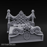 Draped-Canopy Fleur-Carved Noble Grand Bed Miniature for Dungeons and Dragons, Pathfinder or other TTRPGs