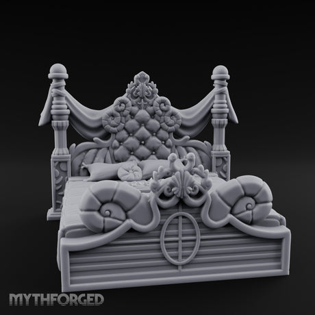Draped-Canopy Fleur-Carved Noble Grand Bed Miniature for Dungeons and Dragons, Pathfinder or other TTRPGs