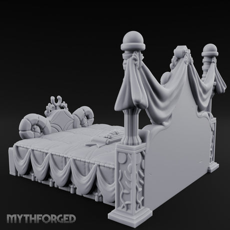 Draped-Canopy Fleur-Carved Noble Grand Bed Miniature for Dungeons and Dragons, Pathfinder or other TTRPGs