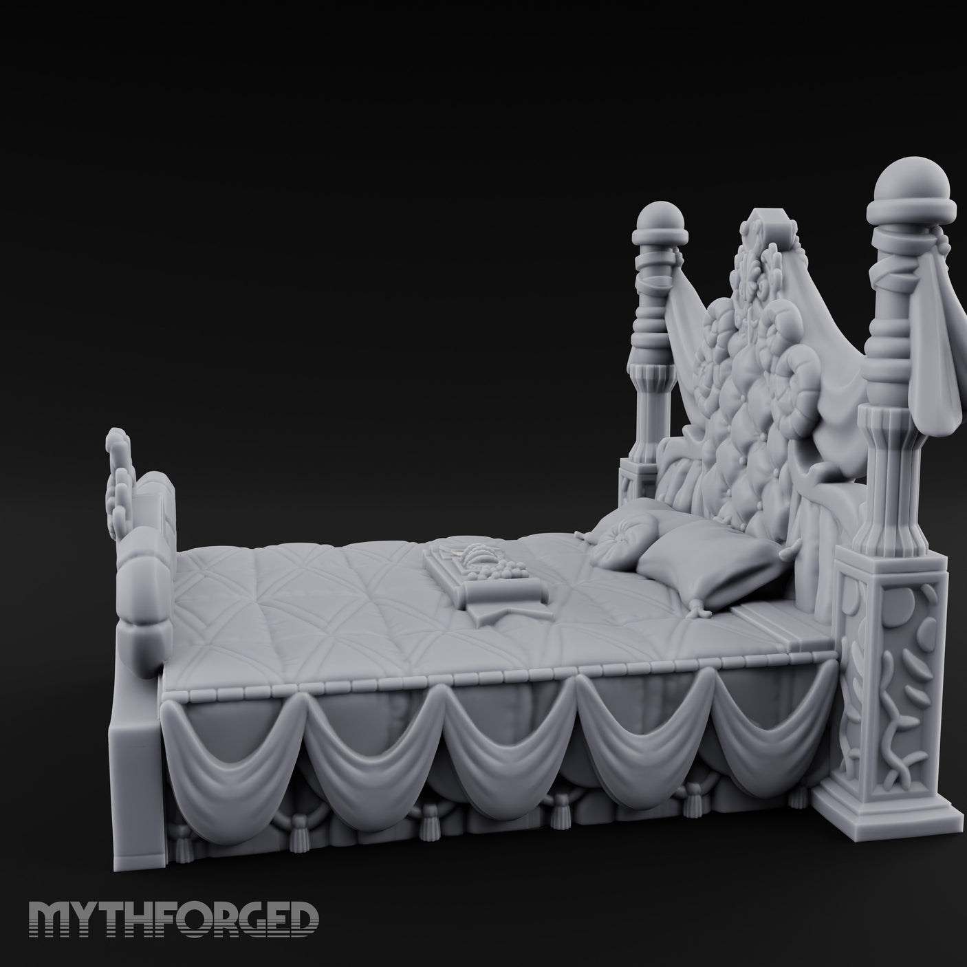 Draped-Canopy Fleur-Carved Noble Grand Bed Miniature for Dungeons and Dragons, Pathfinder or other TTRPGs