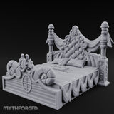 Draped-Canopy Fleur-Carved Noble Grand Bed Miniature for Dungeons and Dragons, Pathfinder or other TTRPGs