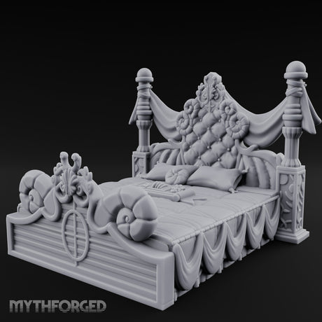 Draped-Canopy Fleur-Carved Noble Grand Bed Miniature for Dungeons and Dragons, Pathfinder or other TTRPGs