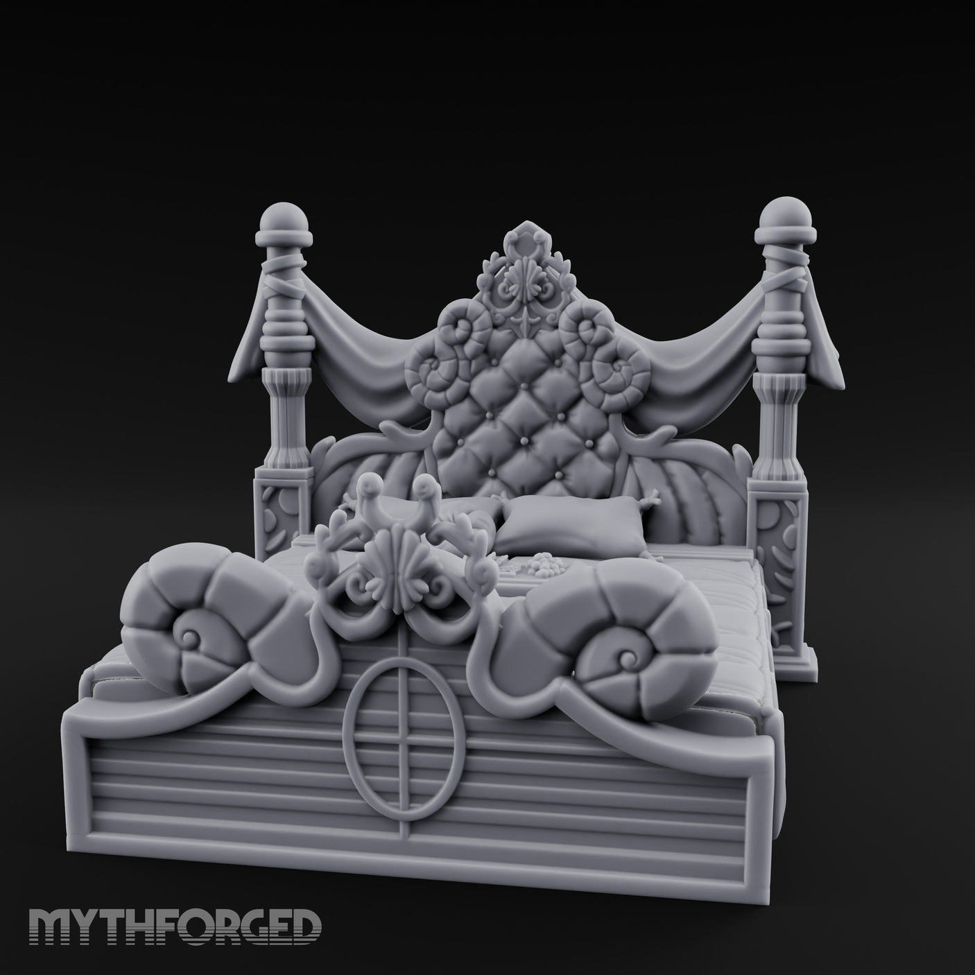 Draped-Canopy Fleur-Carved Noble Grand Bed Miniature for Dungeons and Dragons, Pathfinder or other TTRPGs