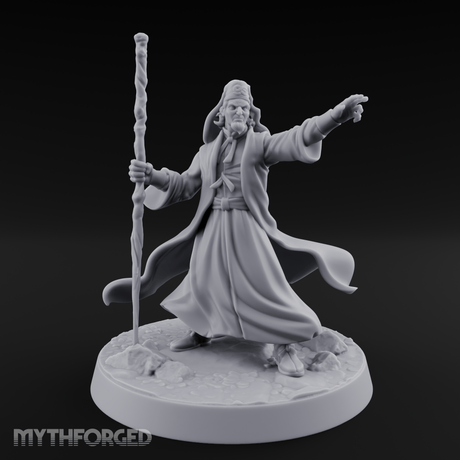 Staff Raised Commanding Human Wizard Miniature for Dungeons and Dragons, Pathfinder or other TTRPGs
