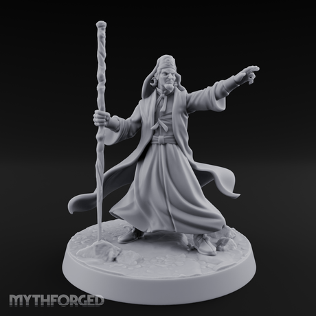Staff Raised Commanding Human Wizard Miniature for Dungeons and Dragons, Pathfinder or other TTRPGs