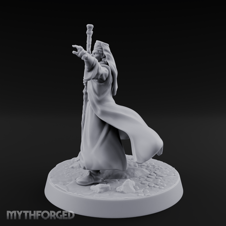 Staff Raised Commanding Human Wizard Miniature for Dungeons and Dragons, Pathfinder or other TTRPGs