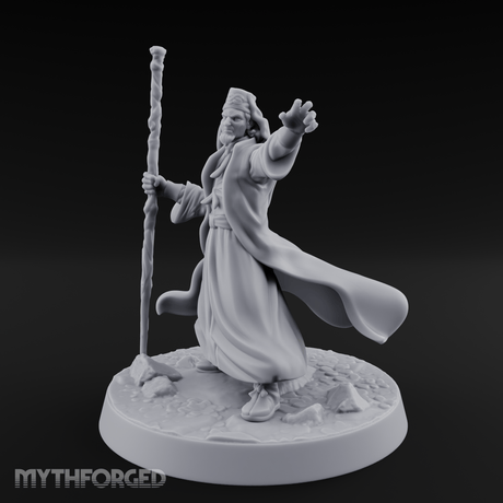 Staff Raised Commanding Human Wizard Miniature for Dungeons and Dragons, Pathfinder or other TTRPGs