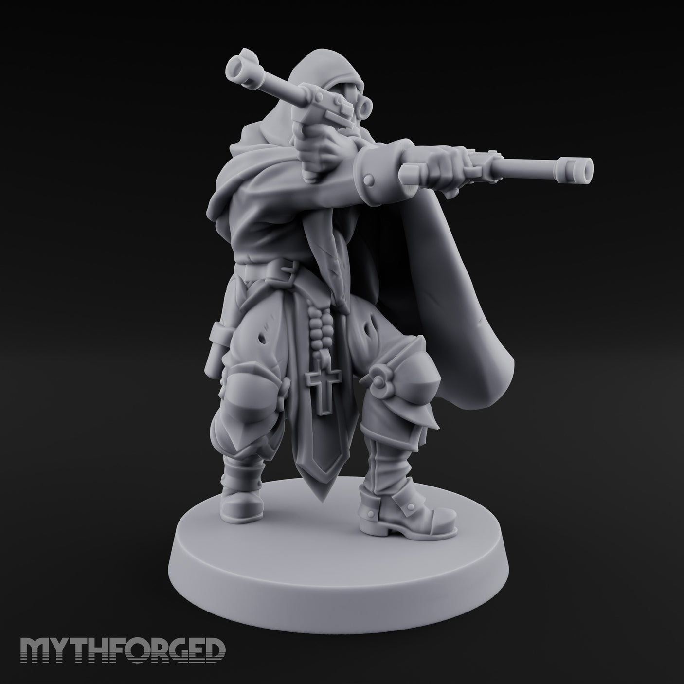 Dual Pistol Aiming Crouching Human Sniper Priest Miniature for Dungeons and Dragons, Pathfinder or other TTRPGs