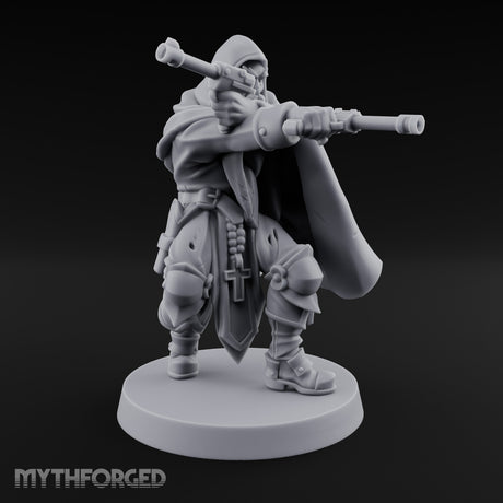 Dual Pistol Aiming Crouching Human Sniper Priest Miniature for Dungeons and Dragons, Pathfinder or other TTRPGs