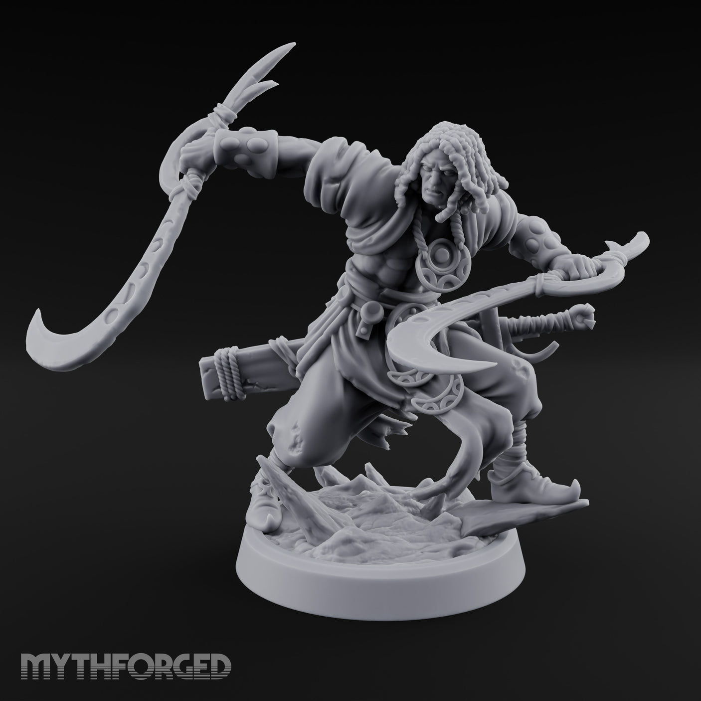 Dual Sickle Whirling Human Ranger Miniature for Dungeons and Dragons, Pathfinder or other TTRPGs
