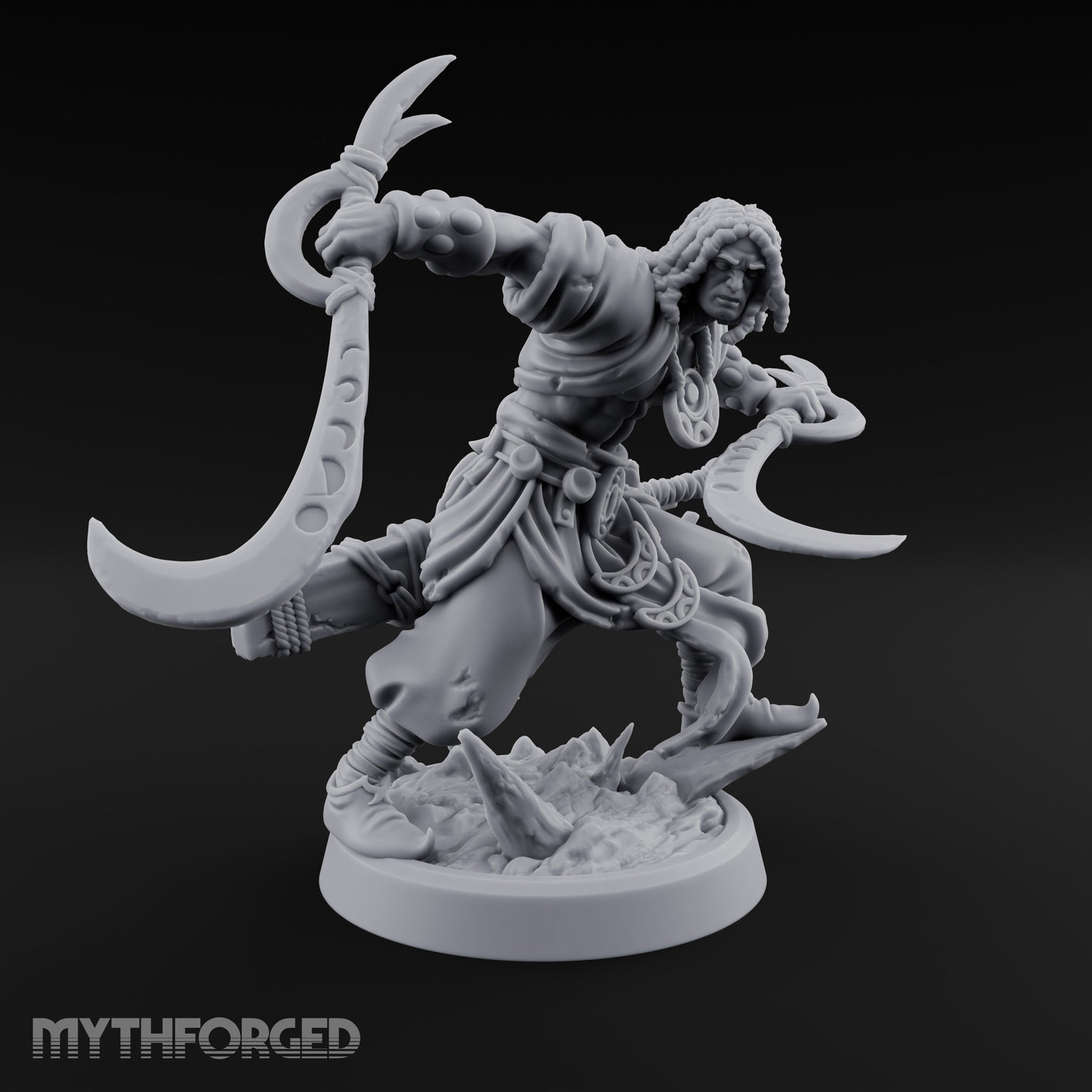 Dual Sickle Whirling Human Ranger Miniature for Dungeons and Dragons, Pathfinder or other TTRPGs