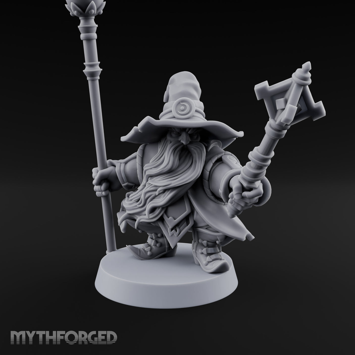 Dual Staff Brandishing Dwarf Wizard Miniature for Dungeons and Dragons, Pathfinder or other TTRPGs