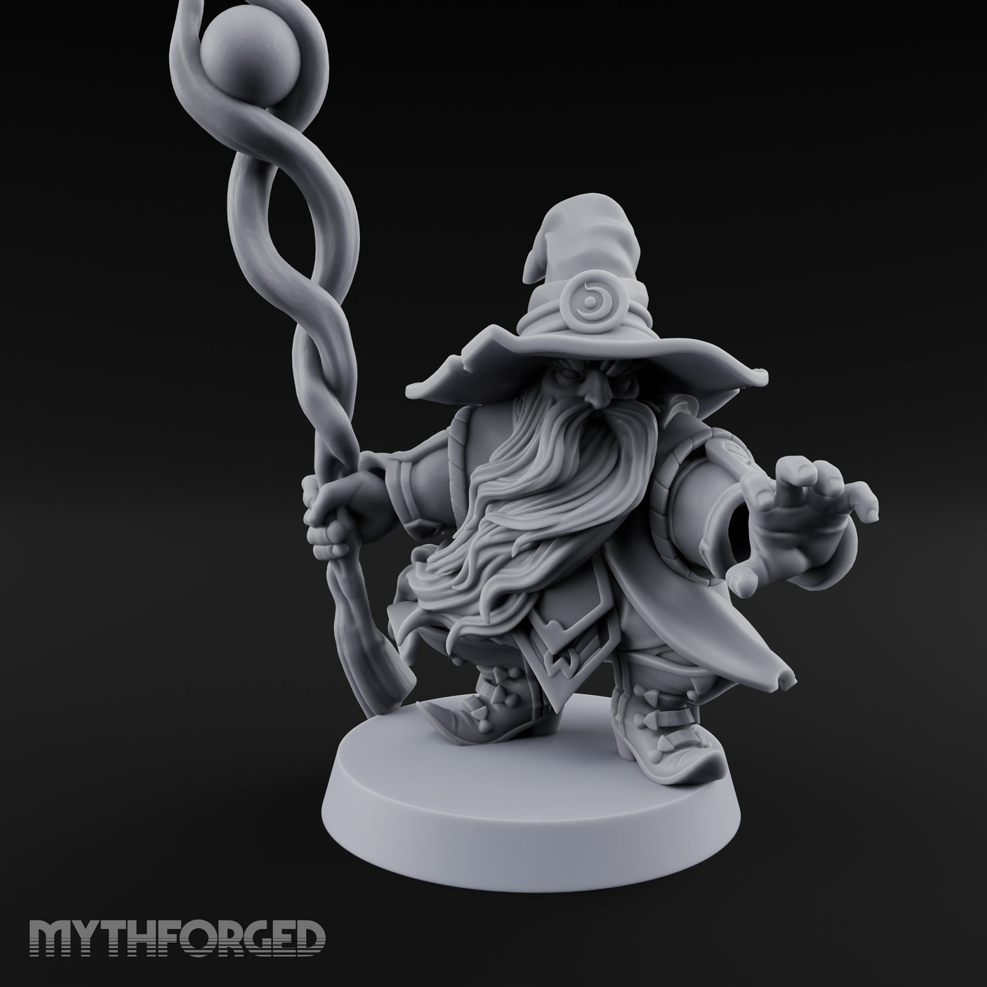 Dual Staff Brandishing Dwarf Wizard Miniature for Dungeons and Dragons, Pathfinder or other TTRPGs