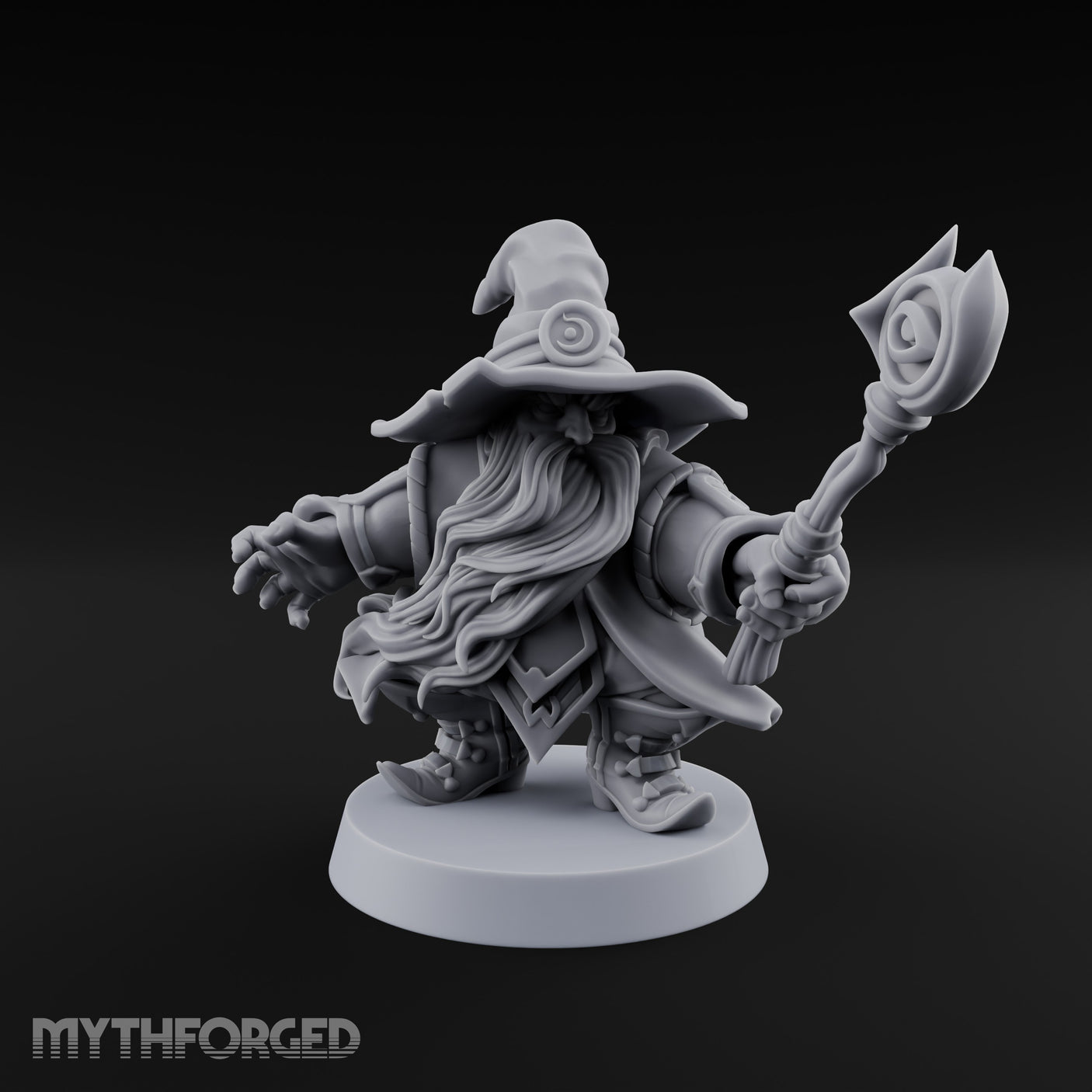 Dual Staff Brandishing Dwarf Wizard Miniature for Dungeons and Dragons, Pathfinder or other TTRPGs