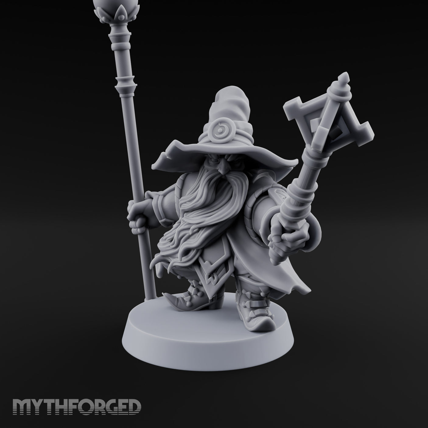 Dual Staff Brandishing Dwarf Wizard Miniature for Dungeons and Dragons, Pathfinder or other TTRPGs