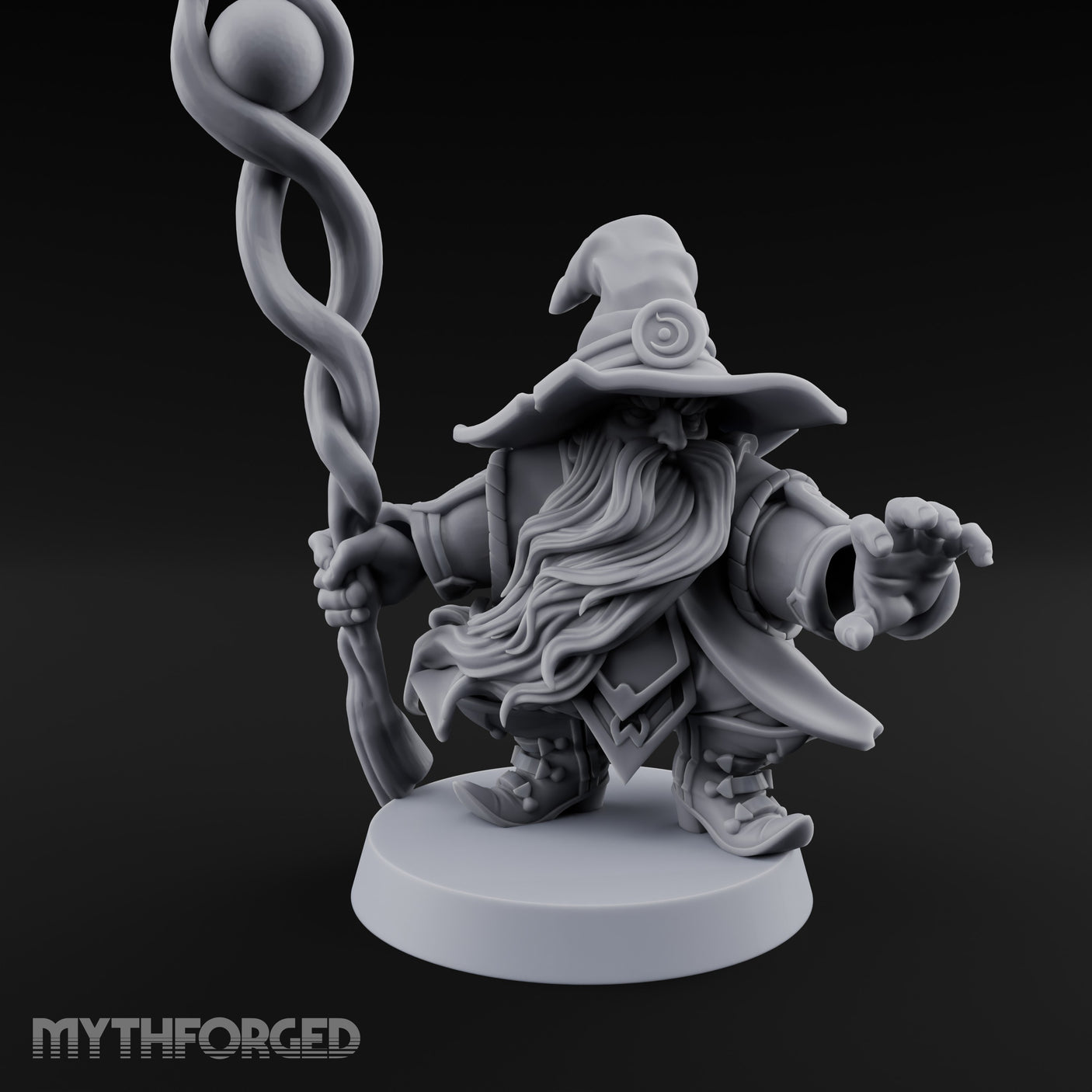 Dual Staff Brandishing Dwarf Wizard Miniature for Dungeons and Dragons, Pathfinder or other TTRPGs