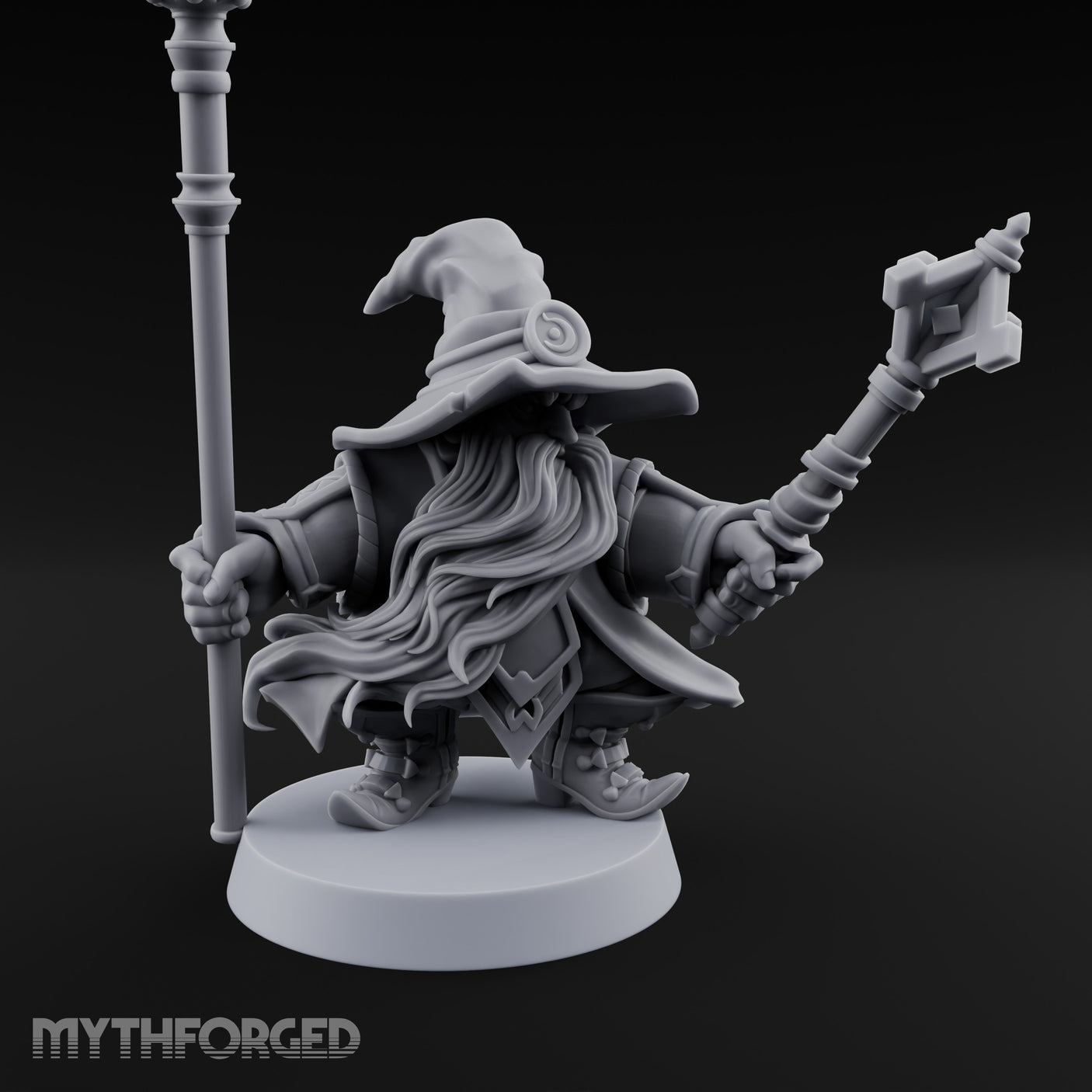 Dual Staff Brandishing Dwarf Wizard Miniature for Dungeons and Dragons, Pathfinder or other TTRPGs