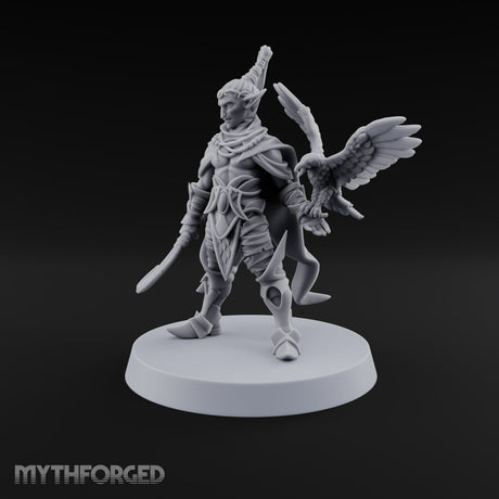 Unbothered by Brambles Elf Druid with Vine Staff and Curved Blade — None · Eagle and Scythe