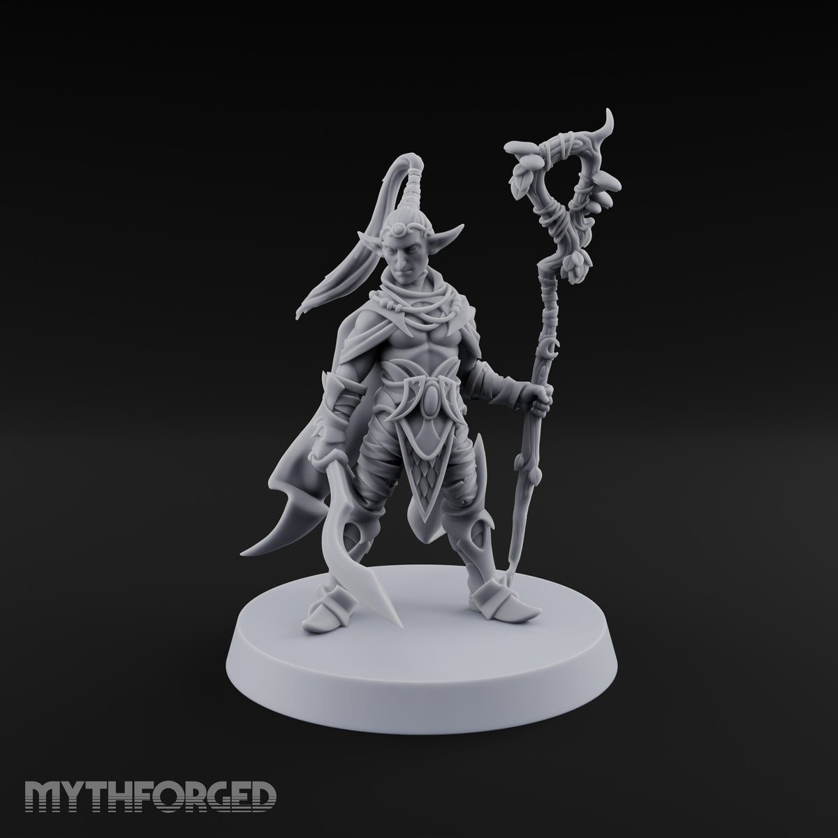 Unbothered by Brambles Elf Druid with Vine Staff and Curved Blade — None · Staff and Sword