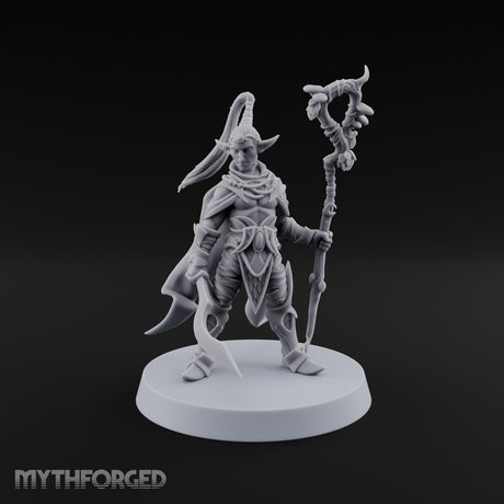 Unbothered by Brambles Elf Druid with Vine Staff and Curved Blade — None · Staff and Sword