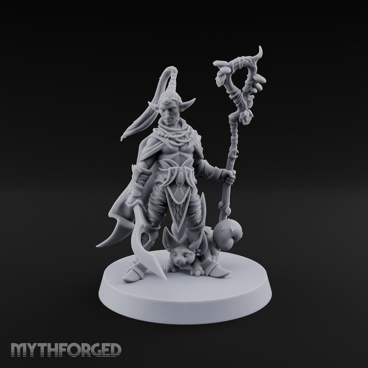 Unbothered by Brambles Elf Druid with Vine Staff and Curved Blade — Pet · Staff and Sword