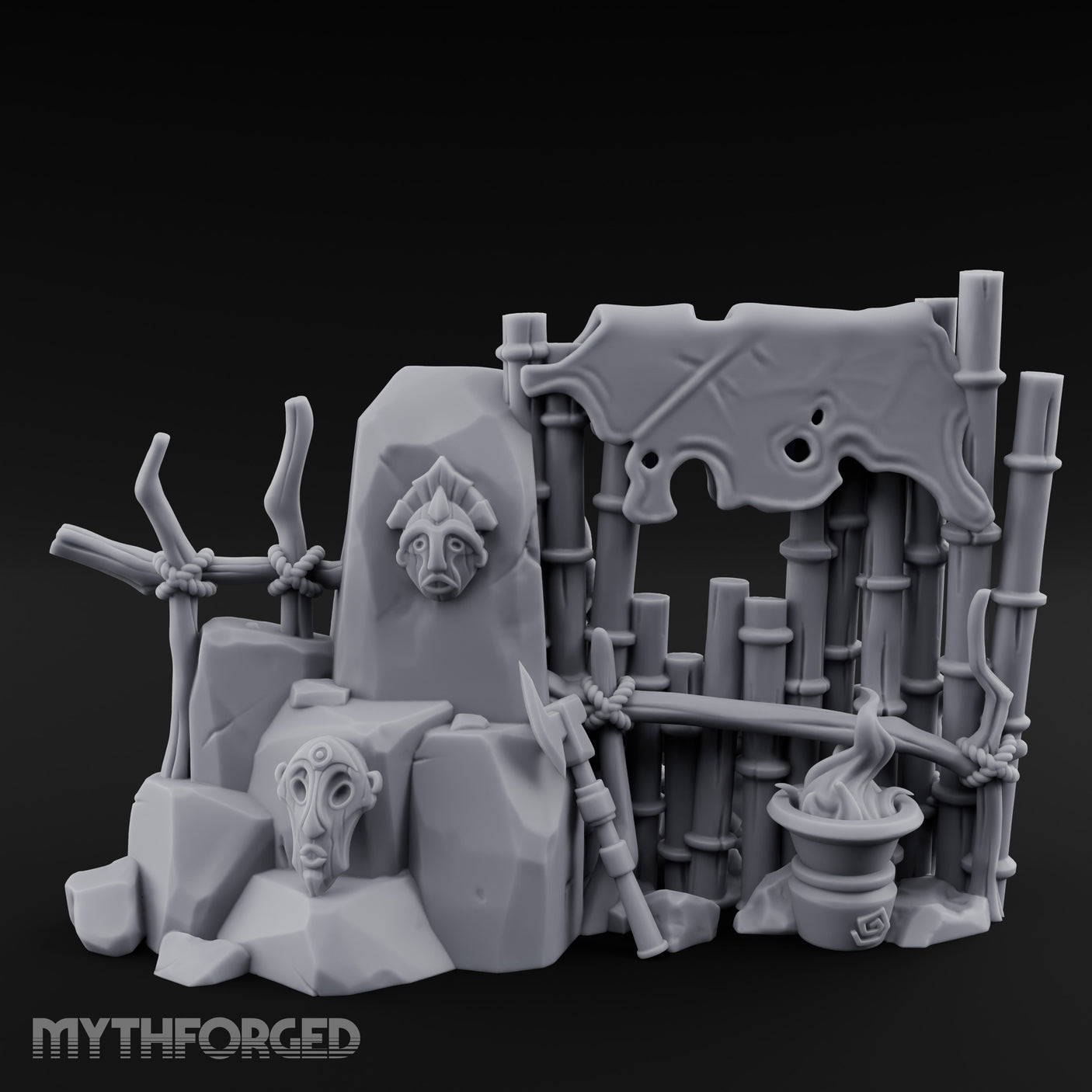 Face-Carved Flame-Guarded Tribal Rock Shrine Wall Scene Miniature for Dungeons and Dragons, Pathfinder or other TTRPGs