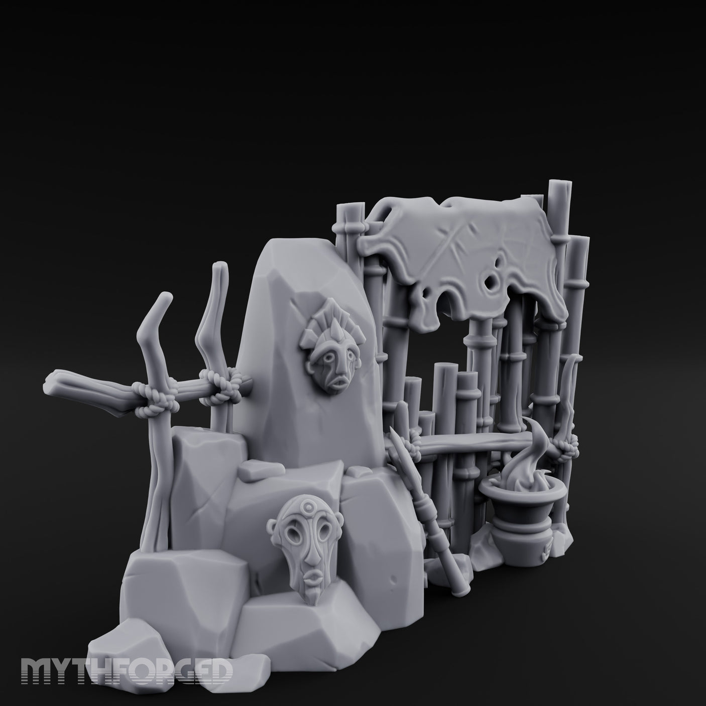 Face-Carved Flame-Guarded Tribal Rock Shrine Wall Scene Miniature for Dungeons and Dragons, Pathfinder or other TTRPGs