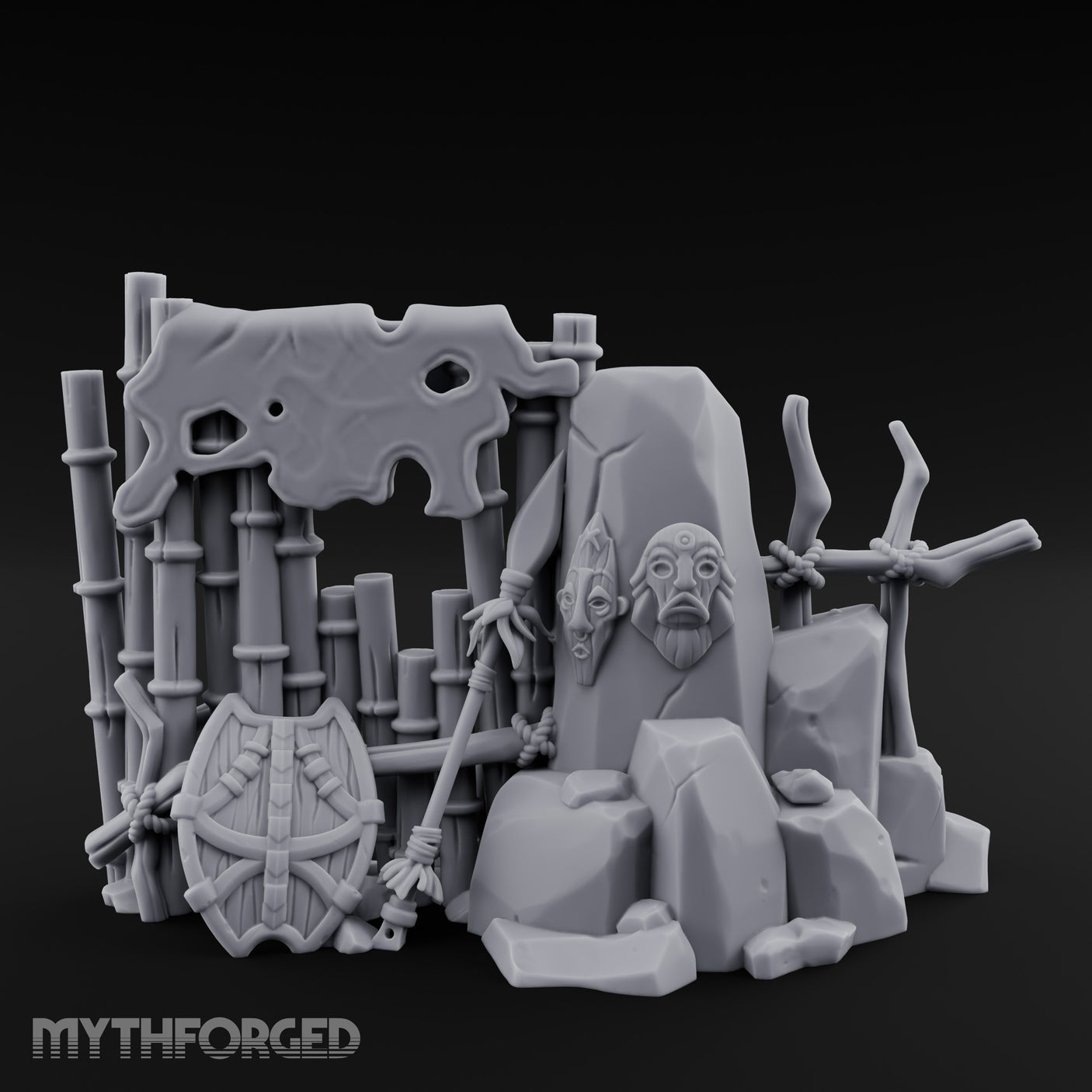 Face-Carved Flame-Guarded Tribal Rock Shrine Wall Scene Miniature for Dungeons and Dragons, Pathfinder or other TTRPGs
