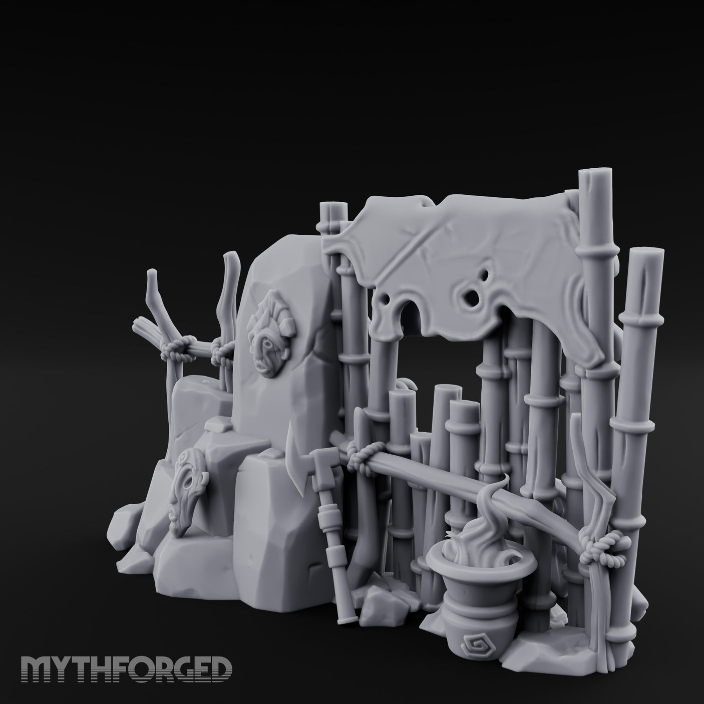 Face-Carved Flame-Guarded Tribal Rock Shrine Wall Scene Miniature for Dungeons and Dragons, Pathfinder or other TTRPGs