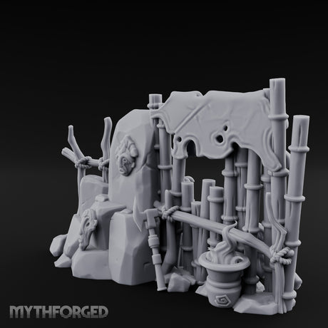 Face-Carved Flame-Guarded Tribal Rock Shrine Wall Scene Miniature for Dungeons and Dragons, Pathfinder or other TTRPGs