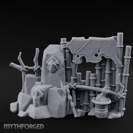 Face-Carved Flame-Guarded Tribal Rock Shrine Wall Scene Miniature for Dungeons and Dragons, Pathfinder or other TTRPGs